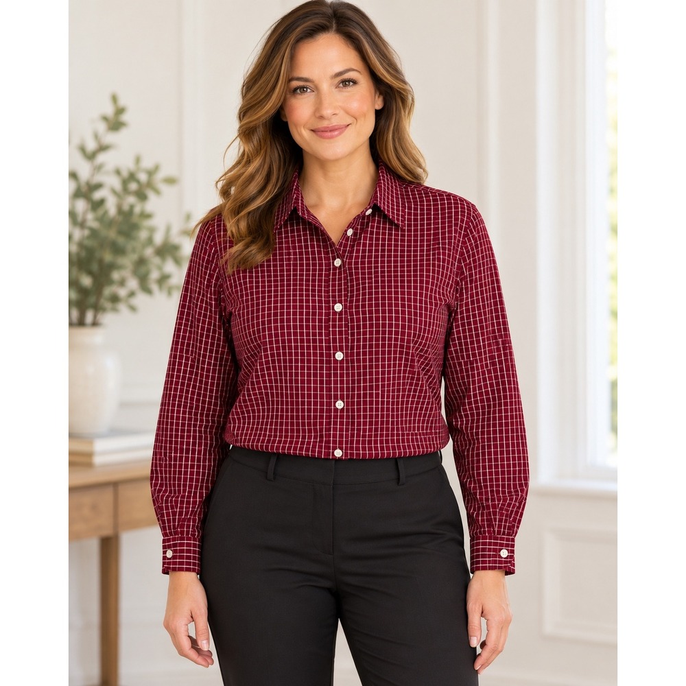 Talbots Womens XL Burgundy Plaid 100% Cotton Button Front Shirt Long Sleeve